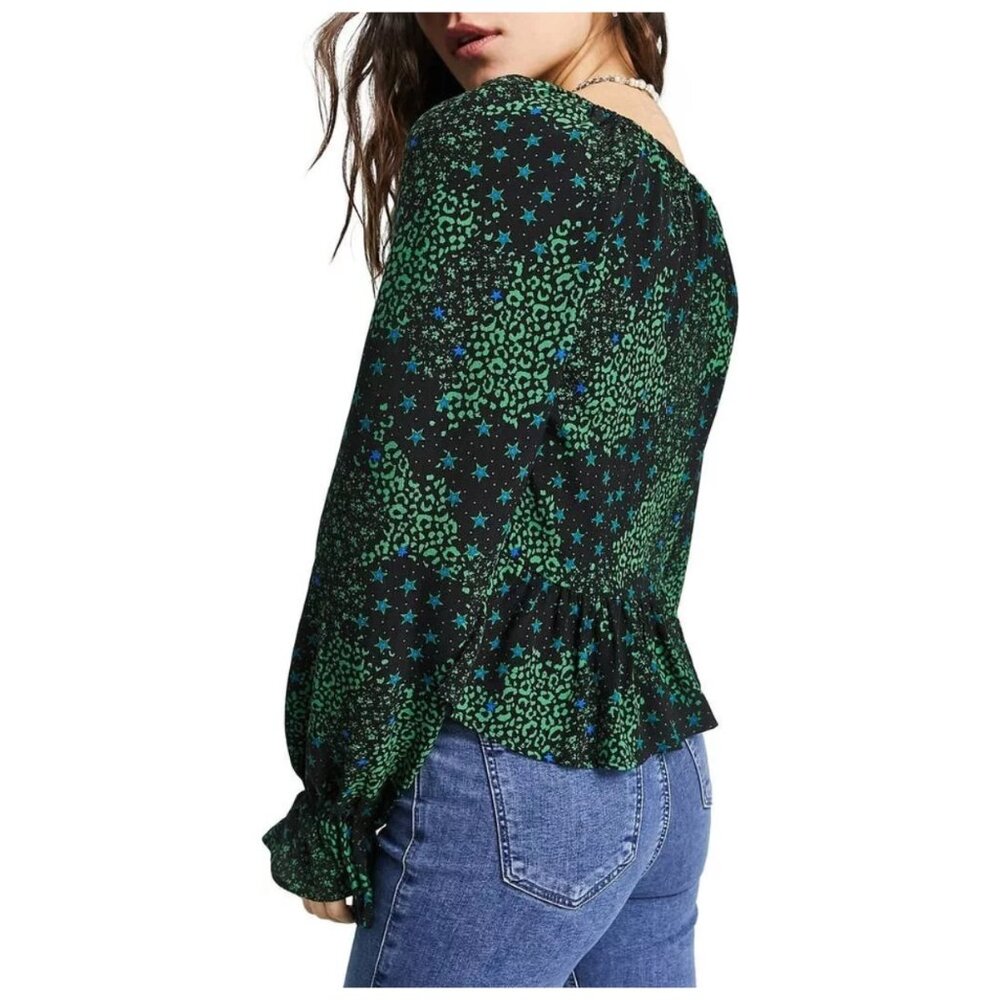 !! Topshop Green Mix Print Tie-Front Long Sleeve Top sz US 4 - Picture 3 of 10